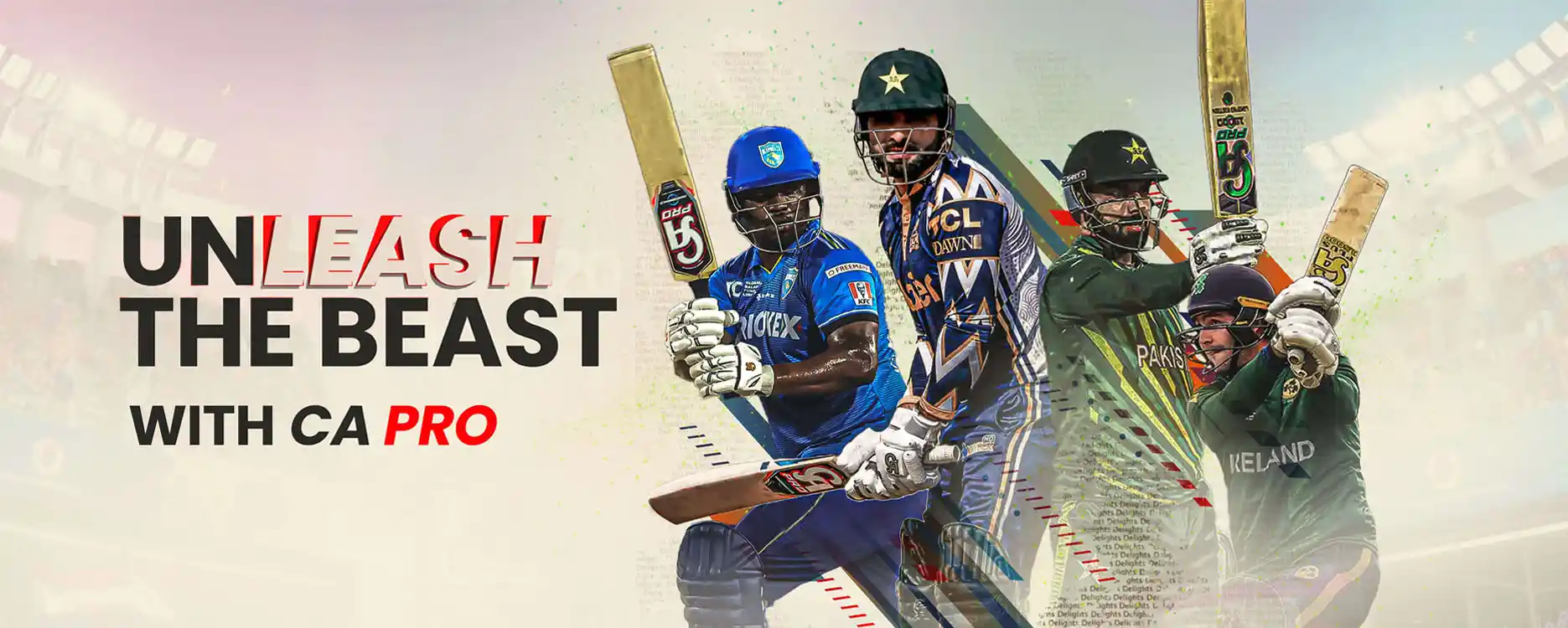 Players promoting CA Pro cricket bats and gear professional cricket equipment