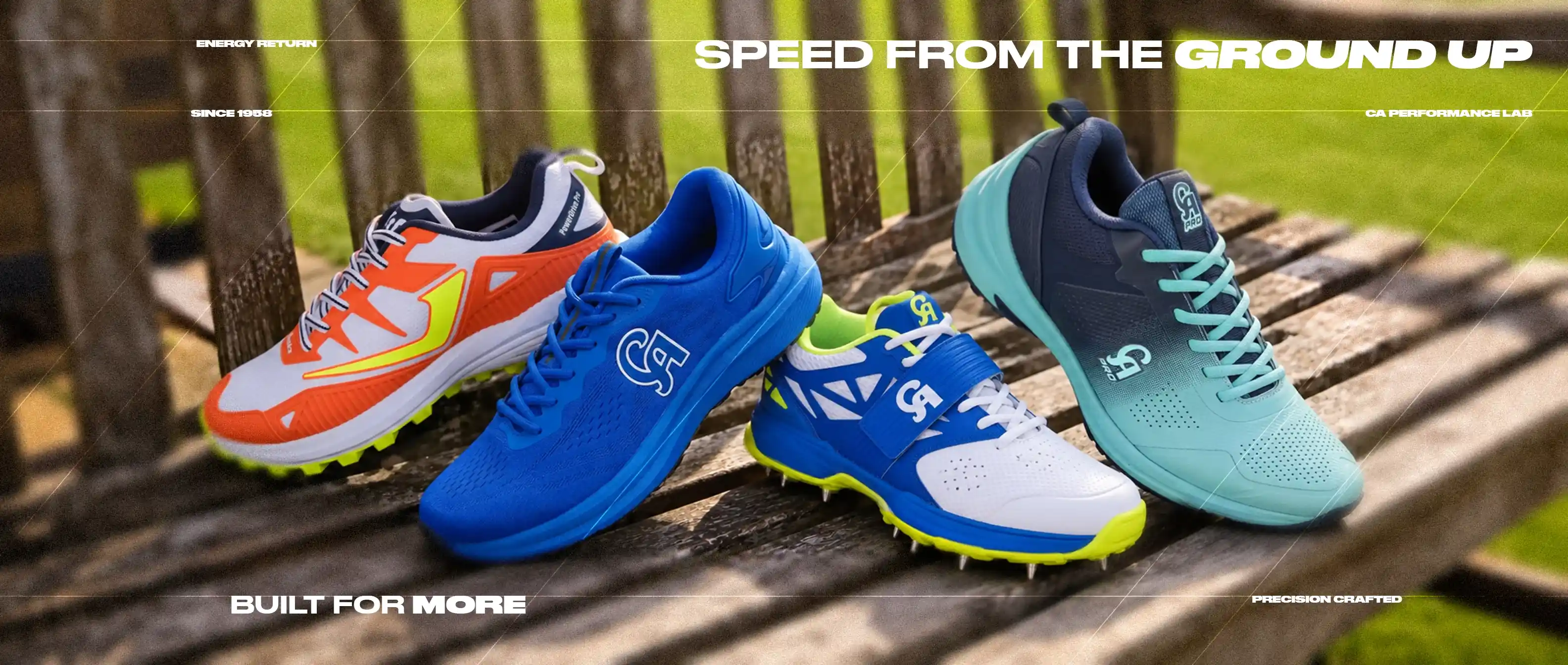CA Sports premium cricket shoes displayed on a wooden sofa